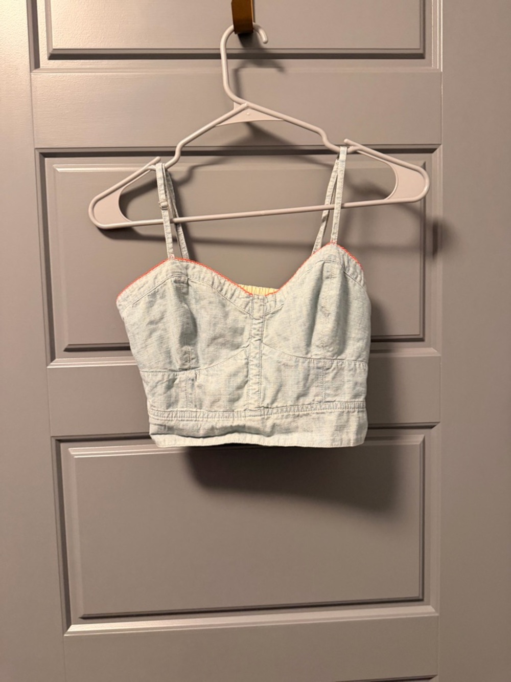 American Eagle Outfitters Light Denim Crop Top with Coral Trim